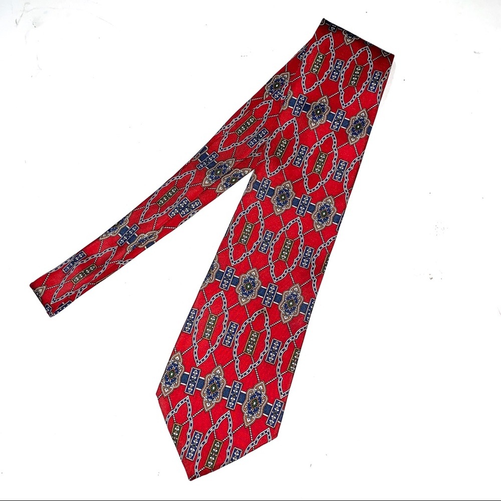 Silk Tie by Wembley -  Classic Red & Navy Geometric Print